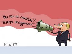 Путин и ядерный мегафон. Карикатура С.Елкина, источники - dw.com, www.facebook.com/sergey.elkin1